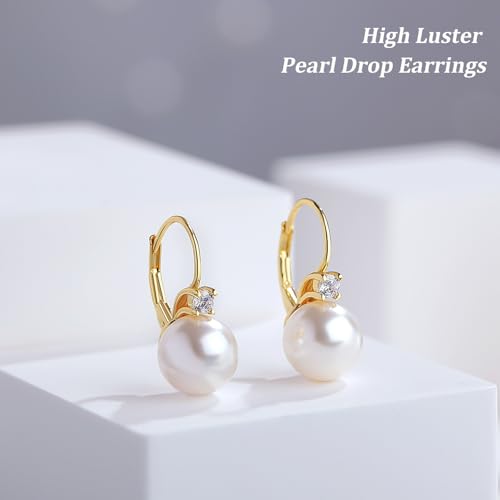 925 Sterling Silver Pearl Leverback Earrings for Women Cubic Zirconia Pearl Jewelry 10MM - color: A: Leverback-Yellow