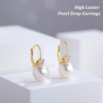 925 Sterling Silver Pearl Leverback Earrings for Women Cubic Zirconia Pearl Jewelry 10MM - color: A: Leverback-Yellow