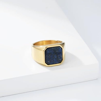 Kemstone Square Signet Ring for Men,Stainless Steel Lapis Lazuli Black Stone Flat Top Geometric Face Silver Gold - color: Gold （Lapis Lazuli）, size: 9#