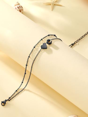 Initial Ankle Bracelets for Women, Dainty Stainless Steel Letter A-Z Layered Anklets, Heart Ankle Bracelet 8.5"-10.5" Adjustable, Summer Beach Jewelry, Come with Box - color: Black, size: B