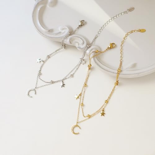 Layered Star and Moon Anklet for Women Waterproof Titanium Steel | Adjustable Gold/Silver Ankle Bracelet for Everyday Wear, Shower Safe Celestial Jewelry Gift, Dainty Summer Beach Foot Jewelry - color: Silver