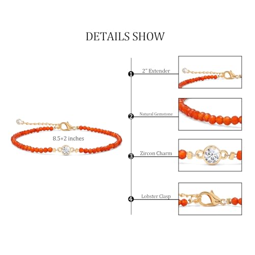Raicegs Anklets for Women Handmade Beach Boho Ankle Bracelet 3mm Natural Stone Beaded Ankle Bracelet 14K Gold Plated Zircon Pendant Adjustable Crystal Gemstone Anklet Jewelry Gift for Her - color: Carnelian