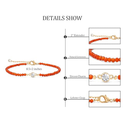 Raicegs Anklets for Women Handmade Beach Boho Ankle Bracelet 3mm Natural Stone Beaded Ankle Bracelet 14K Gold Plated Zircon Pendant Adjustable Crystal Gemstone Anklet Jewelry Gift for Her - color: Carnelian