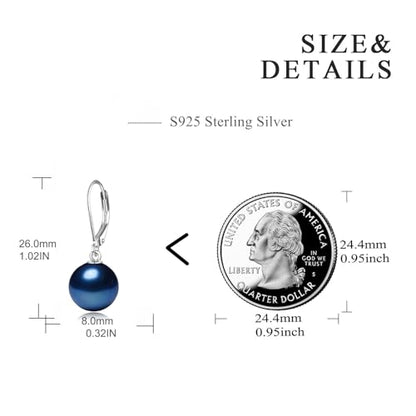 925 Sterling Silver Pearl Leverback Earrings Dangle Drop Jewelry Gifts for Women - style: Navy Blue Pearl
