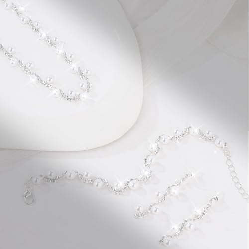 CAVETEE Jewelry Set - Prom Jewelry Crystal Bridal Necklace, Bracelet & Pendant Earring Jewelry Set for Women - style: Pearl