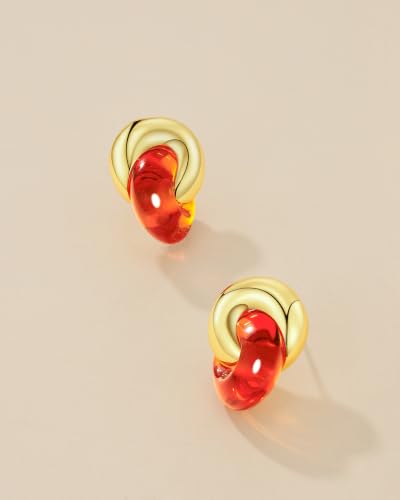 Small Twist Interlock Chunky 18K gold plated Gemstone Natural Stone (Brown, Green, Pink, White) Statement Earrings for Women by SNGIA, Dainty Love Knot Tiger Eye Amber Jade Tourmaline Bold Handmade Exaggerated Dome Retro Rounded Button Half Ball Trendy Bo