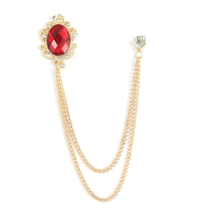 Men's Gem Tassel Brooch Lapel Pin Elegant Badge Hanging Chains Collar Brooches Pin for Career Suit Tuxedo of Shirts Tie Hat Scarf for Boyfriend Father Birthday - style: Gold with Red Crystal