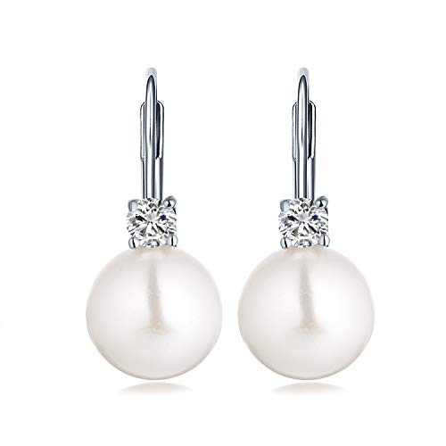 JO WISDOM 925 Sterling Silver Cubic Zirconia Freshwater Cultured Pearl Drop & Dangle Leverback Earrings - color: 10mm-white