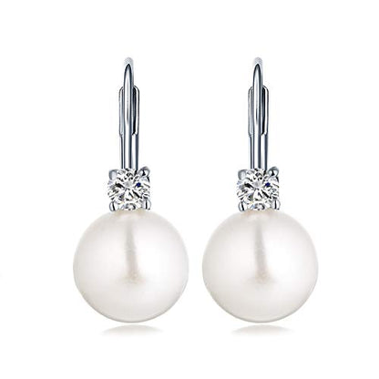 JO WISDOM 925 Sterling Silver Cubic Zirconia Freshwater Cultured Pearl Drop & Dangle Leverback Earrings - color: 10mm-white
