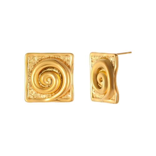 Chunky Stud Earrings for Women 18K Gold Plated Large Square Rectangle Geometric Round Swirl Stud Earrings Trendy Irregular Hammered Statement Earrings - color: Square Swirl-Gold