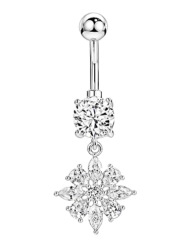 Belly Button Ring Dangle, Cross Belly Button Ring, Navel Piercing | 316L Surgical Steel, AAA+ Cubic Zirconia, Nickel-Free, Hypoallergenic, Multi-Style, 14 Gauge 10 mm Screw On Piercing Stud - style: Round Zircon with Dangling Flower