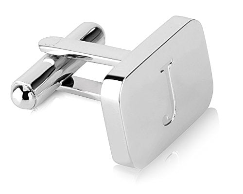 18K White-Gold Plated Initial Engraved Stainless Steel Men’s Cufflinks With Gift Box -Personalized Alphabet Letter’s A-Z By Lux & Pair - style: J- White Gold