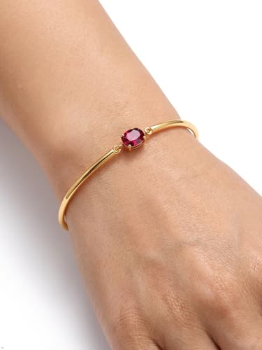 Moissanite/Sapphire/Ruby/Emerald Cuff Bracelet 1 Carat Oval Cut Center Stone Inlaid 925 Sterling Silver 14K Gold Plated Adjustable Birthstone Bangle for Women fit Wrist 5-7.5 Inch - color: Ruby Gold