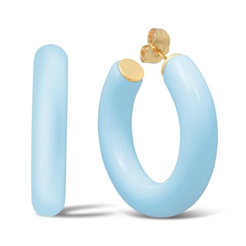 Gold Plated Multicolor Resin Chunky Thick Open Hoop Earrings in 57MM and 37.5MM Diameters - color: Blue - Baby Blue - Glossy Finish, size: 37.5MM (1.48") Diameter