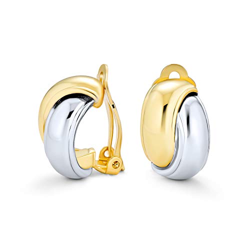 Bling Jewelry Two Tone Interlocking Circle Dome Half Hoop Clip On Earrings Non Pierced Polished Silver Tone 14K Gold Plated Brass