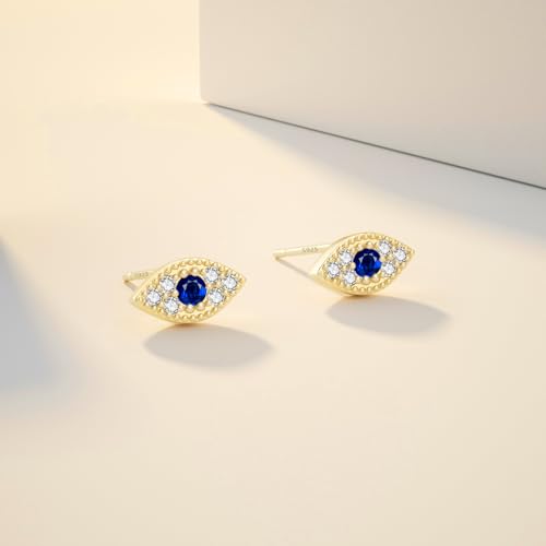 JIAYIQI Minimalist 925 Sterling Silver Stud Earrings Set, 14K Gold Plated Hypoallergenic Tiny Bar Dot Heart Star Studs for Women & Men - style: Gold-Devil's Eye-1 Pair