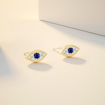 JIAYIQI Minimalist 925 Sterling Silver Stud Earrings Set, 14K Gold Plated Hypoallergenic Tiny Bar Dot Heart Star Studs for Women & Men - style: Gold-Devil's Eye-1 Pair