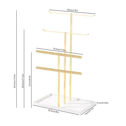 Necklace Bracelet Earring Holder Stand, Multi-Use Jewelry Display Organizer with Tray, T-Bar Metal Jewellery Organizer Stand, Jewelry Hanger Tower Rack for Women (Gold)