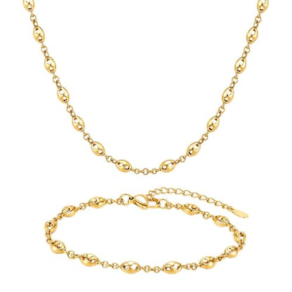 18K Brazilian Gold Plated Coffee Bean Link Necklace & Bracelet Set