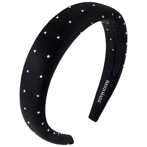PLwelth Black Padded Headband for Women Girls Sparkle Soft Satin Hairband No Slip Wide Headbands for Thin Thick Hair Vintage Plain Solid Hairband Hoops Trendy Hair Accessories for Party Decor