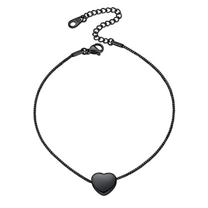 ChainsHouse Ankle Bracelets for Women, Stainless Steel Beaded Chain Ankle Bracelet, Womens Heart Anklets for Summer Beach Jewelry Gifts - color: T: heart-black