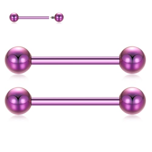 PEAKLINK Internally Threaded Nipple Rings Titanium Nipple Bars Piercing Jewelry 1 Pair Tongue Rings Eyebrow Jewelry Bridge Piercings - color: Purple Nipple Straight Barbell