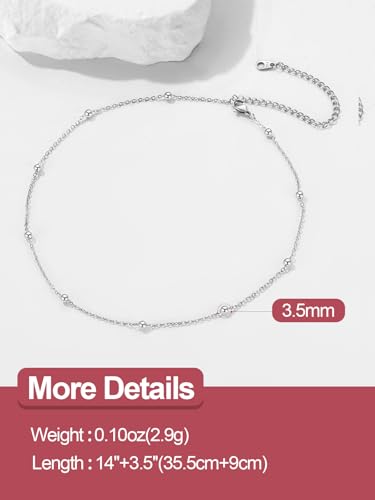 FOCALOOK Choker Necklace for Women, Double Layered Boho Beaded Choker Chain | Dainty 14K Gold Plated/Silver/Black Metal, Simple Small Satellite Beaded Chain Necklace, Hypoallergenic for Everyday Wear - color: 02.Satellite Beads-Silver
