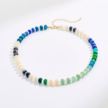Colorful Beaded Choker Necklaces for Women | Large Natural Stone Bead, Boho Beach Necklace, Trendy Jewelry Gifts, 4 Style, 16+3 in - color: 03-Colorful-Blue