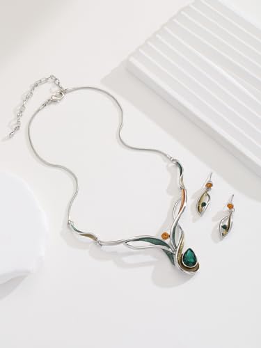 Chunky Statement Jewelry Set Vintage Retro Leaf Flower Floral Geometric Bohemian Boho Bib Necklace Earring Set Fashion Costume Jewelry for Women Girls Wedding Party Prom Unique Gift - style: Teardrop - Green Crystal