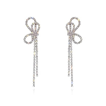 HERIER Rhinestone Earrings Dangling for Women Chandelier Statement Tassel Earrings Girls Silver Sparkly Drop Cubic Zirconia Crystal Earrings Long Dangle Costume Jewelry - color: Silver-Bow Tassel