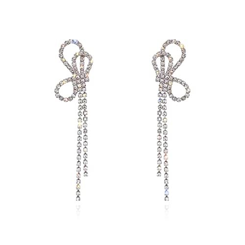 HERIER Rhinestone Earrings Dangling for Women Chandelier Statement Tassel Earrings Girls Silver Sparkly Drop Cubic Zirconia Crystal Earrings Long Dangle Costume Jewelry - color: Silver-Bow Tassel
