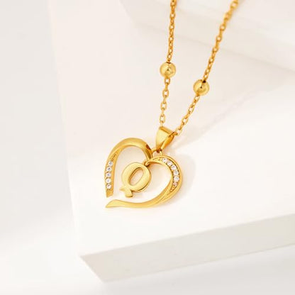 Cicy Bell Womens Heart Initial Necklace 18k Gold Plated | Personalized Letter Pendant, 17.7'' with 2'' Extender - color: Style 2-Q-Gold