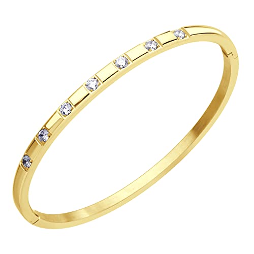 555Jewelry Stainless Steel Thin CZ Cuff Hinged Bangle Bracelet for Women - color: Gold