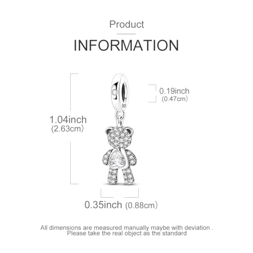 Hapour 925 Sterling Silver Charms for Bracelet Necklace Dangle Pendant Bead | Bear Charm, Elephant Zebra Cat Dream catcher Family Birthday European Jewelry Charm, For Women Mom - color: Silver CZ Bear