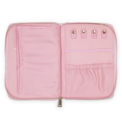 kate spade new york Travel Jewelry Folio, Goddess Stripe | 8.5" x 6" Organizer with Zippered Pockets, Tabs & Tracker Pocket, Pink Leatherette Case for Earrings, Necklaces, & Bracelets