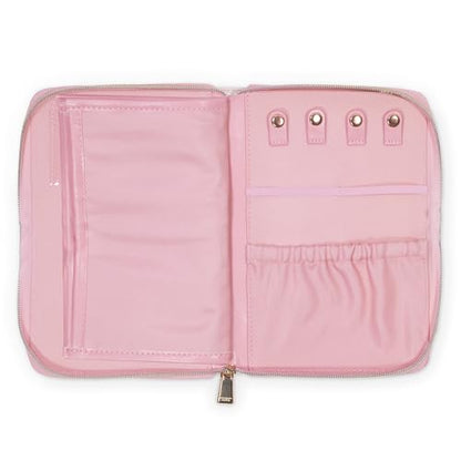 kate spade new york Travel Jewelry Folio, Goddess Stripe | 8.5" x 6" Organizer with Zippered Pockets, Tabs & Tracker Pocket, Pink Leatherette Case for Earrings, Necklaces, & Bracelets