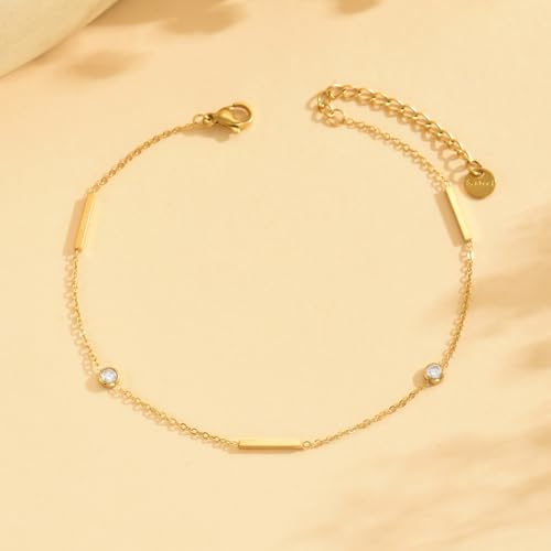 Gold Anklets for Women 18K Gold Plated CZ Ankle Bracelet Dainty Droplet Bar Tennis Ankle Trendy Summer Waterproof Beach Foot Chain Jewelry - color: Bar-Gold