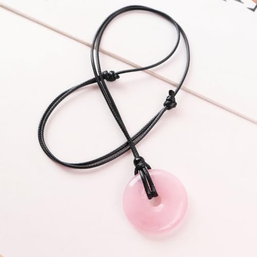 Anjiucc Natural Gemstone Pendant Necklce Lucky Coin Crystal Necklace Donut Pendnat with Adjustable Rope Healing Crystal for Men - color: Rose quartz
