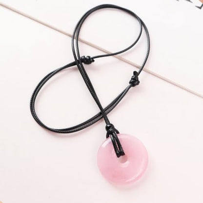 Anjiucc Natural Gemstone Pendant Necklce Lucky Coin Crystal Necklace Donut Pendnat with Adjustable Rope Healing Crystal for Men - color: Rose quartz
