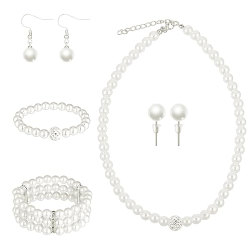 5PCS Faux Pearl Jewelry Set for Women Pearl Rhinestone Jewelry Set for Women Simulated Pearls Rhinestone Necklace Earrings Bracelet for Wedding Mother's Day Gifts Bridal Shower Tea Party Accessories