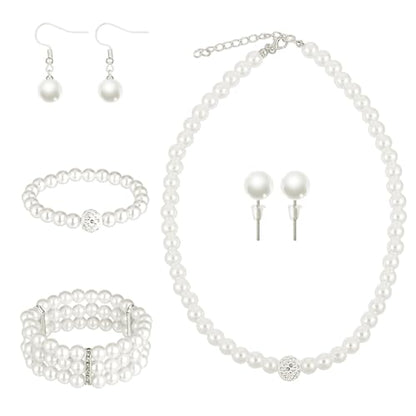 5PCS Faux Pearl Jewelry Set for Women Pearl Rhinestone Jewelry Set for Women Simulated Pearls Rhinestone Necklace Earrings Bracelet for Wedding Mother's Day Gifts Bridal Shower Tea Party Accessories