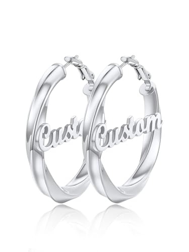 FindChic Twisted Hoop Earrings for Women, Silver/Black/14K Gold Plated Hypoallergenic Hollow Tube Rounded Loop Earrings, 30mm/40mm/60mm/80mm Hoops with Custom Name Options and Gift Box - color: e.Silver (Custom Name), size: 40MM