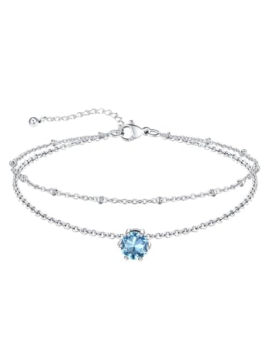 U7 Silver Ankle Bracelet for Women, Waterproof Layered Ankle Round Gem Birthstone Anklets, Summer Beach Foot Jewelry, Adjustable 8.5"-10.5" - color: 03.March-Aquamarine Blue