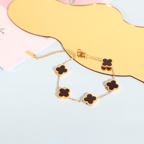 Delicacy Clover Bracelets Necklace Set:Clover Necklaces Clover Bracelet Women Link Bracelets Cute Gold Jewelry - color: Black-Gold