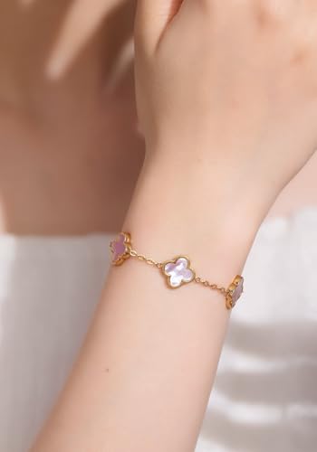 Clover Necklace and Bracelet Set + Four Leaf Clover Earrings, 18K Gold Plated Dainty Jewelry Gift for Women (Pearl White/Ocean Blue/Sweet Lilac) - color: Sweet Lilac