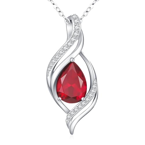 Birthstone Necklace for Women S925 Sterling Silver Teardrop | With Cubic Zirconia and Gemstones - Ideal Birthday Jewelry Gift for Her, Girlfriend, Wife, Mom on Birthday, Anniversary - color: 07 - Ruby