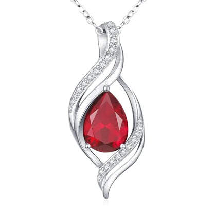 Birthstone Necklace for Women S925 Sterling Silver Teardrop | With Cubic Zirconia and Gemstones - Ideal Birthday Jewelry Gift for Her, Girlfriend, Wife, Mom on Birthday, Anniversary - color: 07 - Ruby