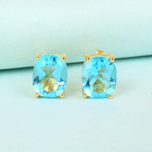 Women's 18K Gold Plated 8x10mm Princess Cut Gemstone Stud Earrings – Birthstone Jewelry for Her – Classic Cushion Studs - color: Blue Topaz