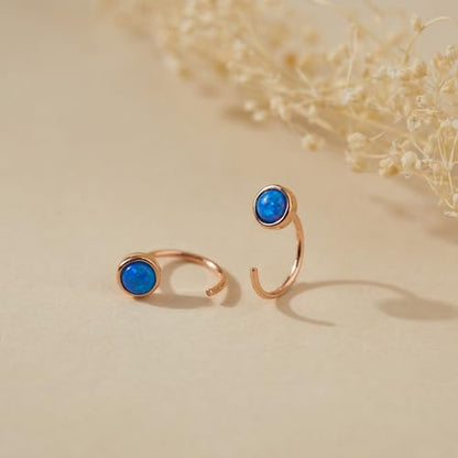 CHIC & ARTSY 925 Sterling Silver Half Hoop Earrings for Women, Dainty Huggie Hoops with Synthetic Opal, Moonstone, CZ & Gemstones, Lightweight Comfort Fit Everyday Elegant Jewelry - color: Synthetic Blue Opal/Rose Gold Plated Silver