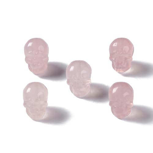 Elecrelive 5Pcs Gemstone Carved Skull Beads Rose Quartz Stone Skeleton Head Beads Pink Crystals for Halloween Necklace Bracelets Earrings Jewelry Making - color: Pink